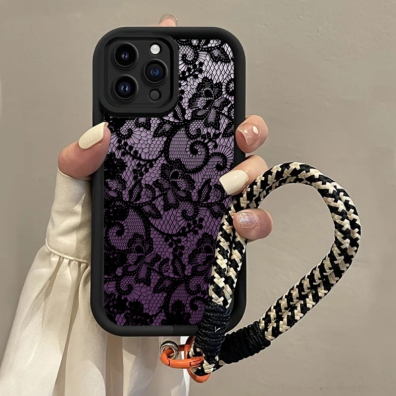 Matte Pc Case - ブラックパープルレースハングストラップ付きiPhoneケース iPhone 16/17 Pro Max/16/15/14 Pro